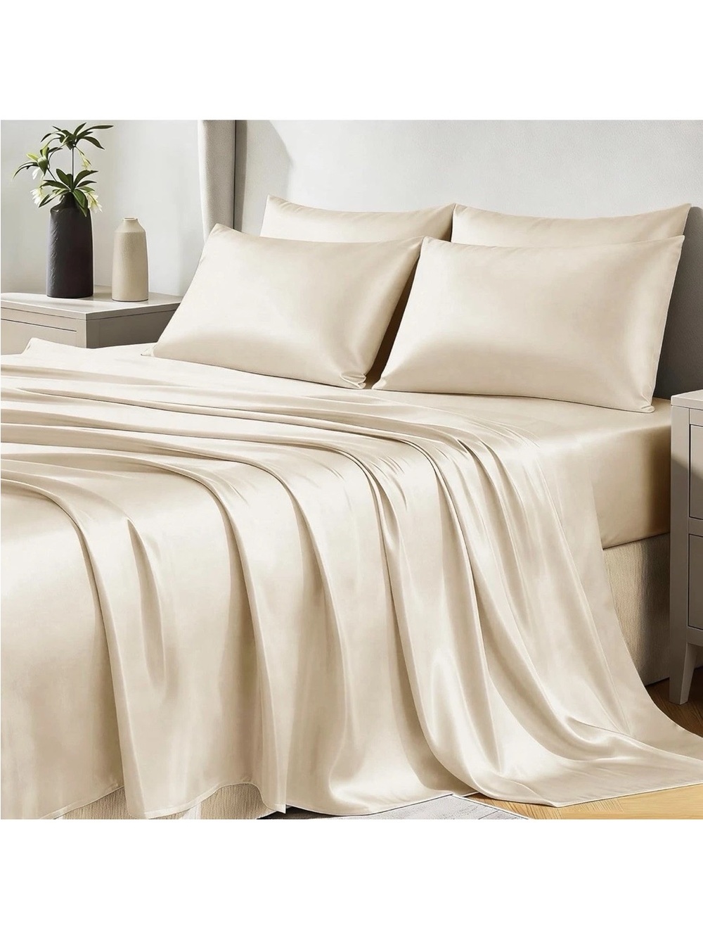 Satin Sheets Queen 4 Piece Ivory Cream Silky Soft Luxury Sheet Set